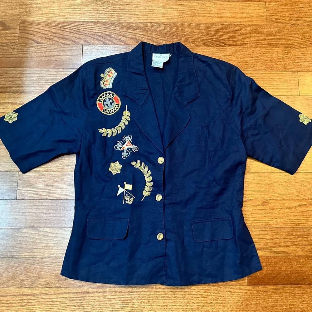 Vtg Carry Back Blue Ramie Nautical Blouse M